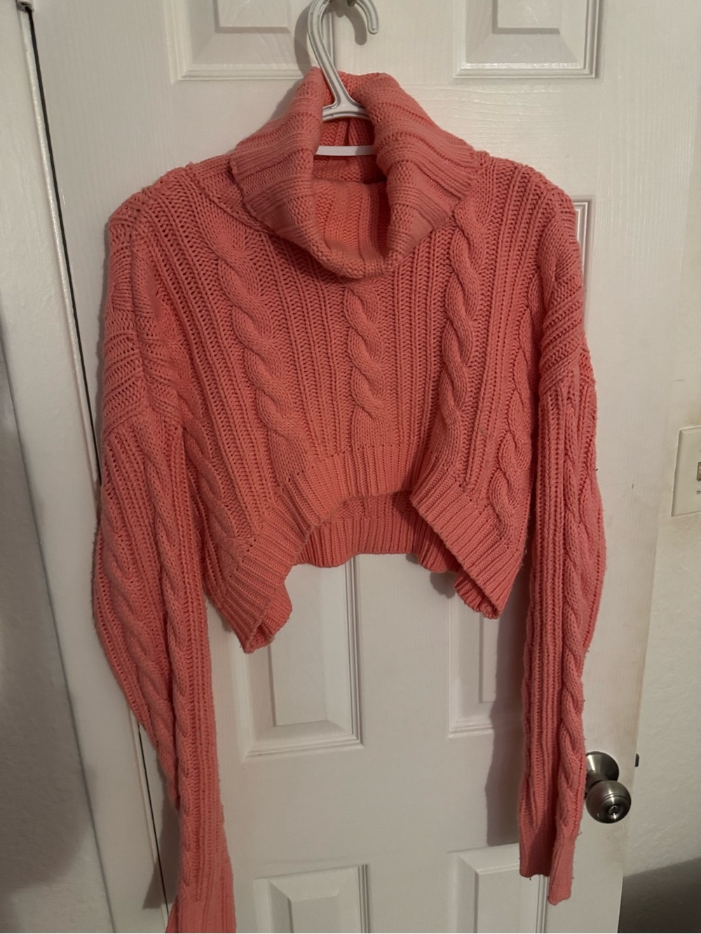 American Threads Coral Pink Cable Knit Cropped Turtleneck Sweater